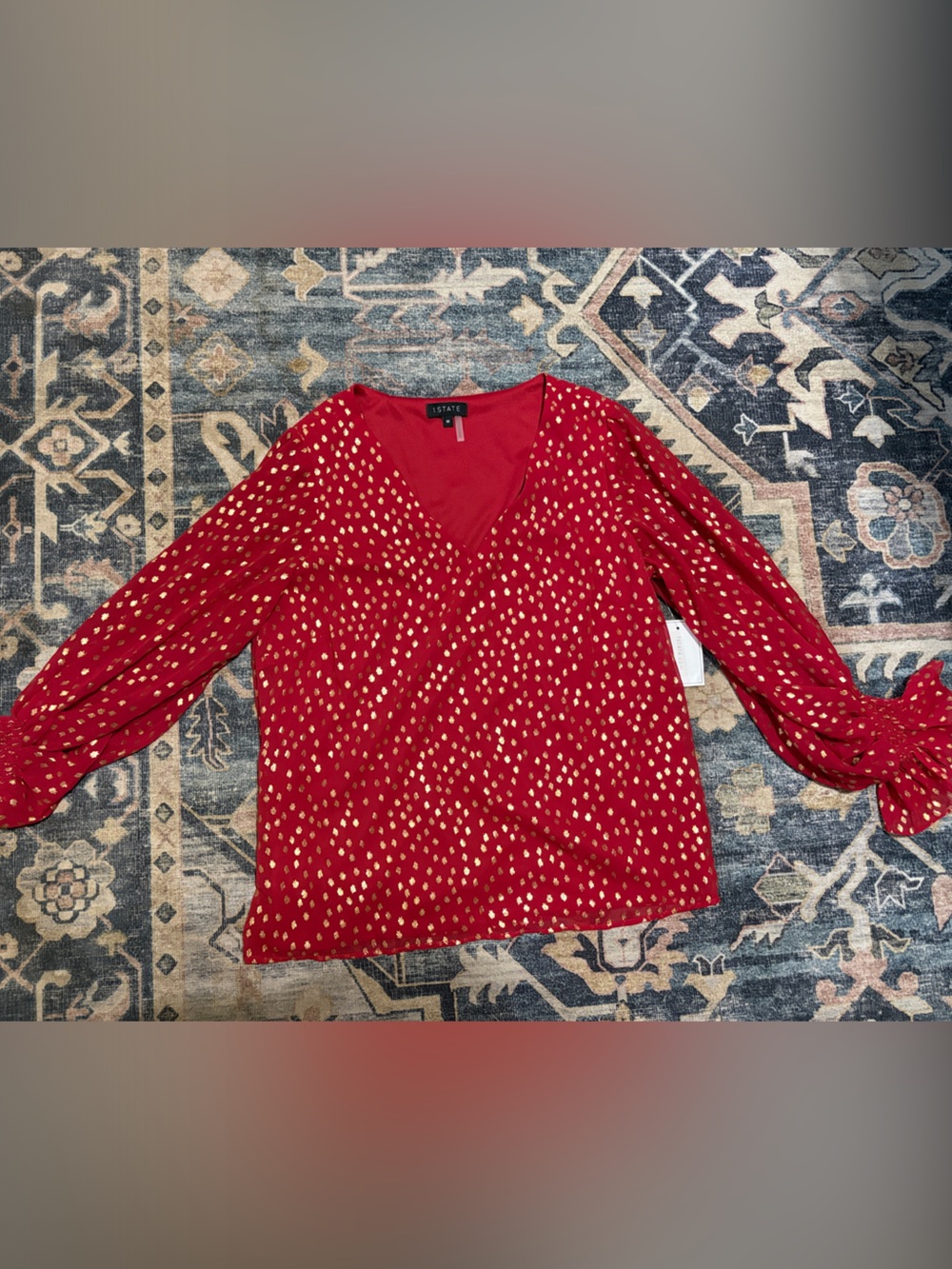 1. State Red V-Neck Blouse with Gold Dot Print